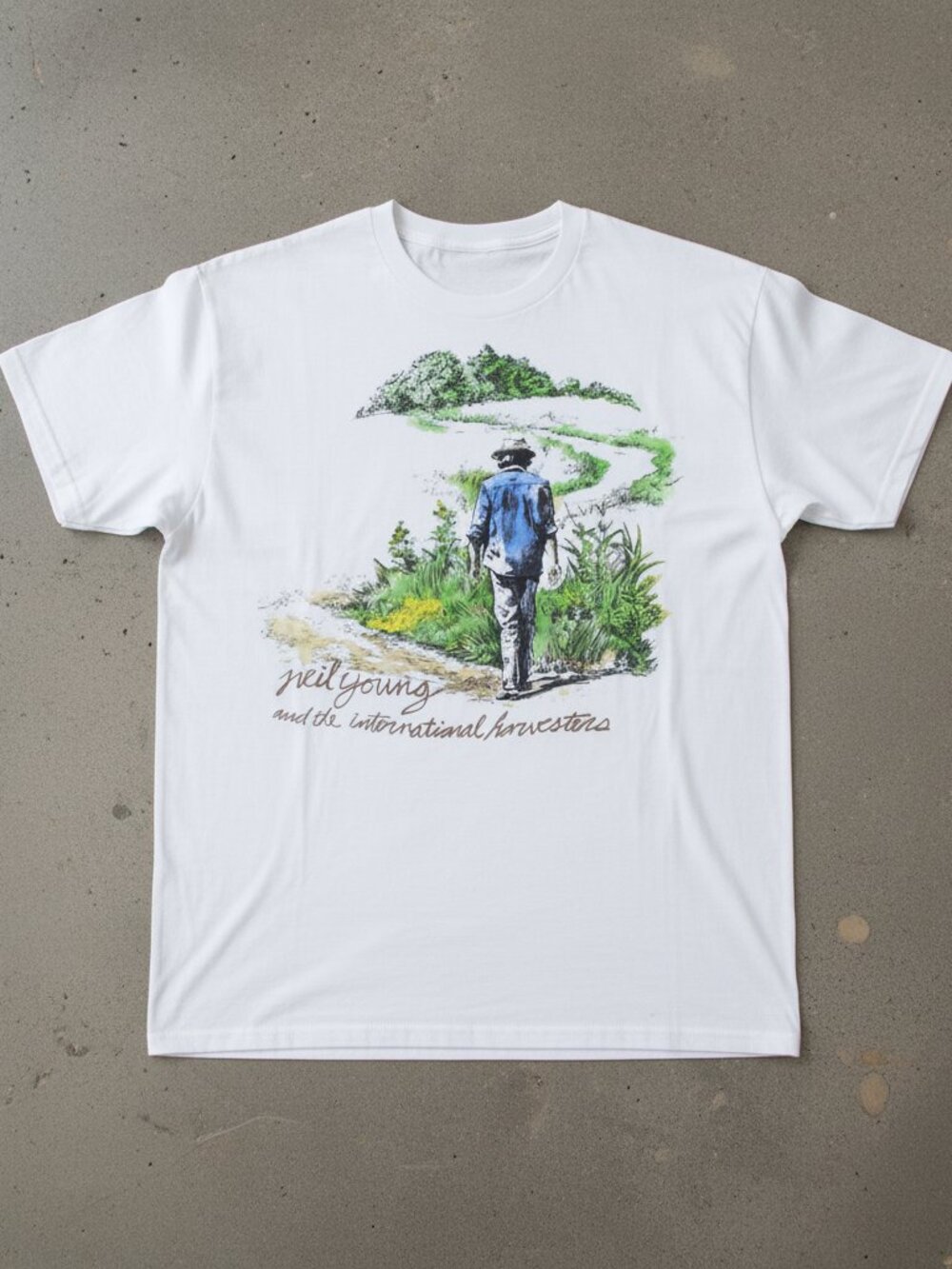 Neil Young 1985 Tour White Graphic Band Tee Retro Music Fan T-Shirt